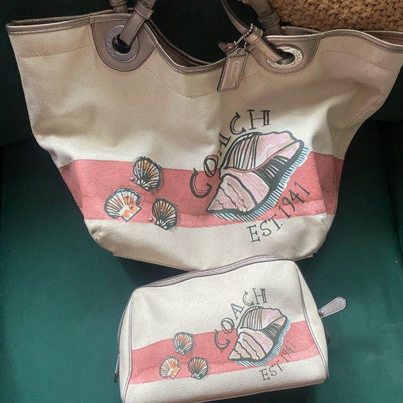 Coach Pink and Cream Tote Bag and Cosmetic Bag with Shell Design - Picture 1 of 8